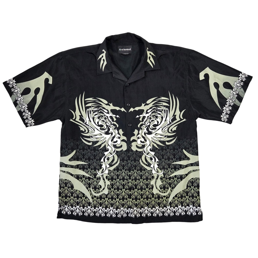No Boundaries Mens Y2k Tribal Dragon Graphic Button Down Shirt Grunge Punk L